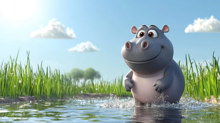 A cute little hippo standing by a shallow water pond, splashing playfully under a bright sun.の素材