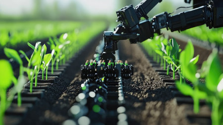 Close-up of AI-powered farming robots planting seeds in perfect rows in a smart agriculture field.の素材