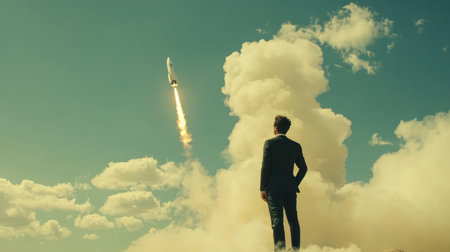 Businessman launching a white rocket into the sky, symbolizing the growth of a start-up business, with clouds in the background.の素材