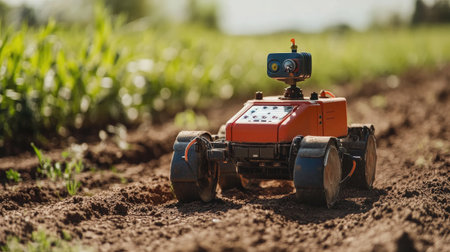 An agricultural robot equipped with data-collecting tools performing soil analysis on a farm.の素材