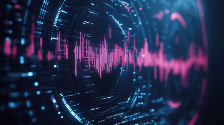 Abstract circular sound equalizer with pulsing waves flowing across the frequency spectrum, dynamic digital art.の素材