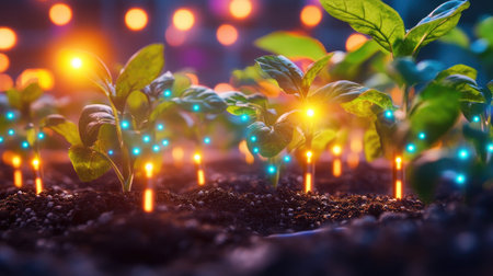 Close-up of sensors embedded in soil, monitoring moisture levels and nutrient content in a high-tech farm.の素材