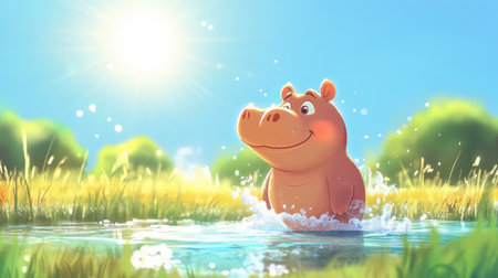 A cute little hippo standing by a shallow water pond, splashing playfully under a bright sun.の素材