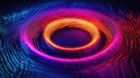 Circular equalizer with sound waves moving along the frequency spectrum, an abstract music visualization in neon colors.の素材