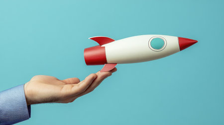 A start-up business visual, where a businessman launches a white rocket from his hand, representing expansion and success.の素材