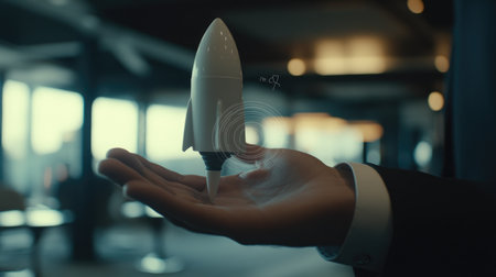 A start-up business visual, where a businessman launches a white rocket from his hand, representing expansion and success.の素材