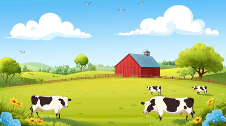 Dairy farm scene with cows grazing in a green pasture, a traditional red barn in the background.の素材