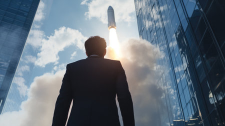 Businessman in a suit launching a white rocket, symbolizing start-up growth and innovation as it ascends to the sky.の素材