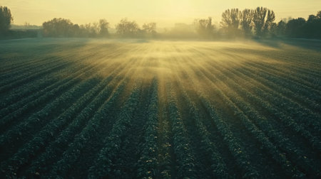 Irrigation systems watering a large farm field at sunrise, promoting sustainable agriculture practices.の素材