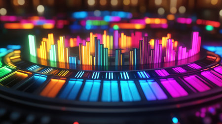 Abstract circular equalizer with colorful sound waves spreading across the frequency spectrum, vibrant digital visualization.の素材