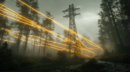 An electric tower stands in a mystical forest, emitting a surreal glow against a foggy backdrop, blending nature and technology in a captivating scene.の素材