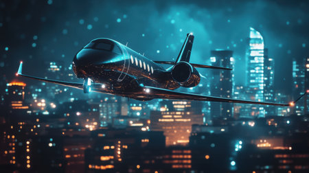 A stunning 3D rendering of an airplane gliding gracefully over a glowing cityscape at night, showcasing modern architecture and captivating lights.の素材