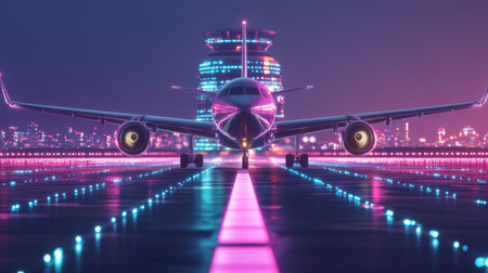 A stunning 3D rendering of a futuristic airplane landing on a neon-lit runway at night, showcasing vibrant colors and a dynamic urban backdrop. Perfect for travel themes.の素材