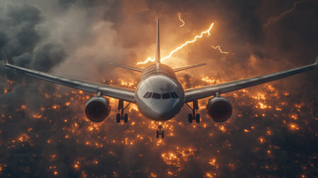 An airplane navigates through tumultuous stormy clouds, with a dramatic backdrop of lightning illuminating the scene. A captivating portrayal of weather dynamics in flight.の素材