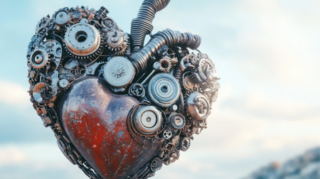 A stunning 3D mechanical heart sculpture, intricately designed with gears and tubing, blending art and technology in a unique and vibrant way.の素材