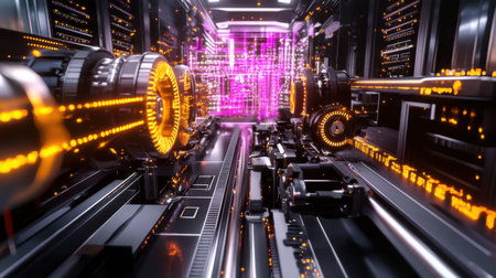 Explore a dynamic 3D machine featuring moving gears and belts, showcasing futuristic technology and innovative design in a virtual environment.の素材