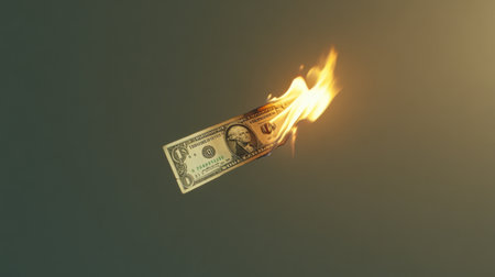 A dramatic image of a dollar bill engulfed in flames, symbolizing financial loss and waste. The visual evokes strong emotions and reflects economic struggles.の素材