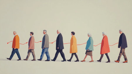 This illustration visually represents steady growth through a graph with arrows, featuring diverse figures in a journey, symbolizing progress and success in life.の素材