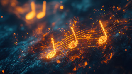 A stunning image of glowing musical notes interconnected by flowing lines, showcasing a vibrant and abstract representation of sound and rhythm, perfect for creative projects.の素材