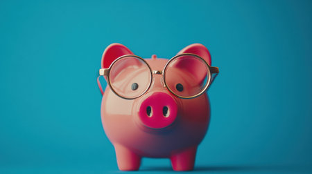 A charming pink piggy bank wearing glasses, showcasing a whimsical take on saving and finance, set against a vibrant blue background for an engaging visual impact.の素材