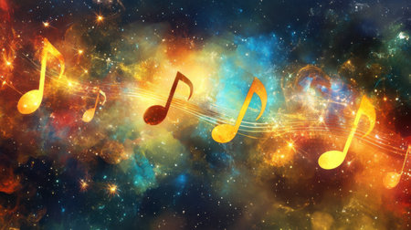Explore a mesmerizing scene of musical notes suspended in a colorful cosmic background. This vibrant illustration captures the beauty of sound intertwined with the vastness of space, inspiring creativity and imagination.の素材
