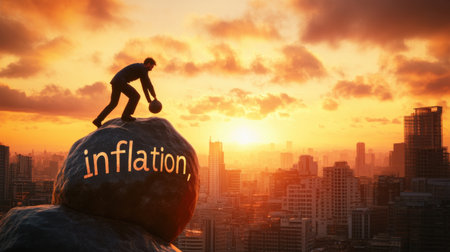 A silhouette of a man pushing a large boulder uphill during sunset, symbolizing struggle and perseverance against challenges in an urban environment.の素材