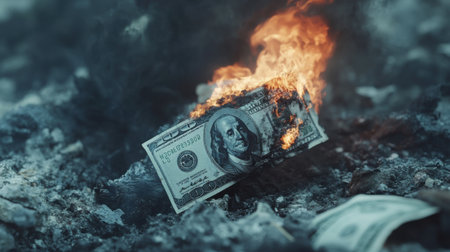 A dollar bill engulfed in flames rests on the ground, symbolizing financial loss and destruction. The intense heat and smoke create a dramatic imagery of waste and crisis.の素材