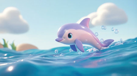 This charming cartoon dolphin splashes joyfully in the vibrant blue water, surrounded by playful bubbles. Perfect for projects featuring marine life and fun.の素材