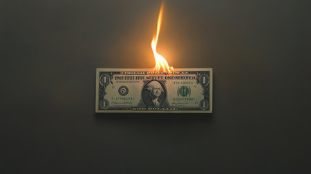 A one dollar bill engulfed in flames, symbolizing financial loss and destruction. The dark background enhances the dramatic effect of the burning currency.の素材