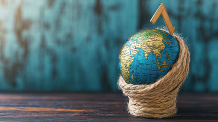 A creative globe wrapped in natural rope with an arrow, symbolizing direction and connection to the world. Ideal for travel and education themes.の素材