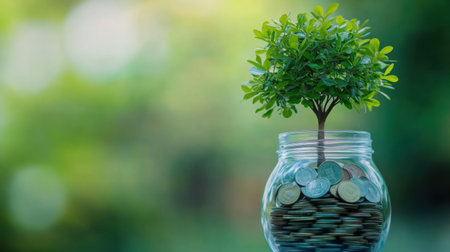 A vibrant tree emerges from a jar filled with coins, symbolizing growth and prosperity. This image represents the nurturing of ideas and investments for a thriving future.の素材