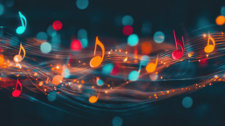 Experience a vibrant display of musical notes flowing through radiant light trails. This dynamic image captures the essence of creativity and rhythm in a colorful abstract design.の素材