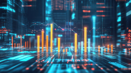 A dynamic digital environment featuring vibrant graphs and statistics. This futuristic data visualization represents financial analytics and growth trends.の素材