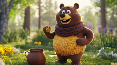 A joyful cartoon bear happily holds honey in a vibrant forest. This playful character embodies cheerfulness and warmth, perfect for children's themes.の素材