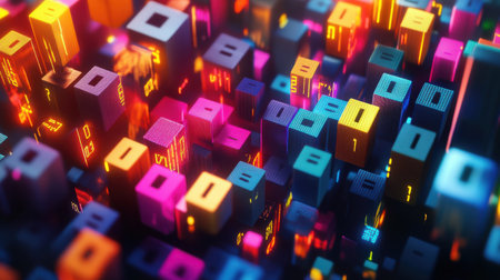 A captivating digital cityscape showcasing colorful neon lights and glowing numbers. This abstract scene symbolizes technology, data, and innovation in a vibrant 3D environment.の素材
