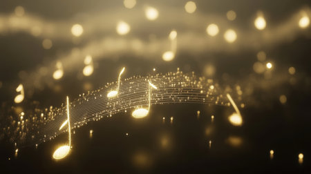A captivating visual of glowing musical notes linked by luminous lines, creating an enchanting atmosphere that represents music and rhythm in a beautiful abstract form.の素材