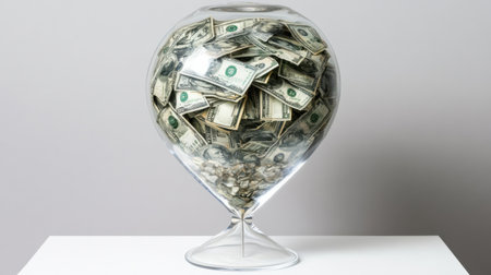 An artistic hourglass filled with dollar bills symbolizes the concept of time and money, illustrating the relationship between financial growth and saving.の素材