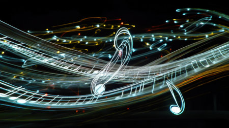 Explore a captivating display of glowing light trails depicting musical notes in vibrant motion. A stunning representation of creativity and rhythm.の素材