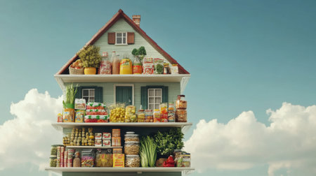 A whimsical representation of a house creatively filled with various groceries and food items, showcasing abundance and culinary delight in a vibrant setting.の素材