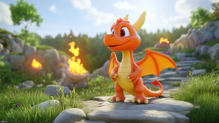 This adorable cartoon dragon stands proudly in a magical forest, surrounded by vibrant greenery and playful fire. Perfect for illustrations or children's media.の素材