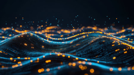 This captivating abstract image features shimmering waves of light in a dark environment, creating a mesmerizing interplay of blue and gold particles.の素材