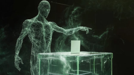 A hauntingly beautiful depiction of a ghostly figure casting a vote at a transparent ballot box, symbolizing civic engagement and democracy.の素材
