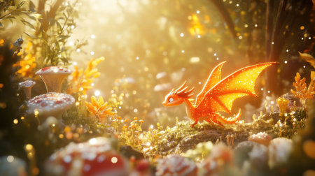 A charming dragon glimmers in a magical forest filled with vibrant colors and delicate mushrooms. This enchanting scene captures a whimsical adventure in nature.の素材