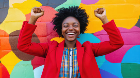 A joyful woman celebrates with raised arms in front of a colorful mural. Her radiant smile and vibrant outfit express happiness and empowerment in an urban setting.の素材