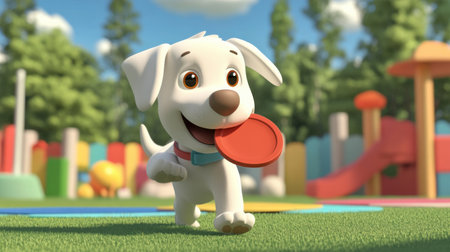 A cheerful cartoon dog joyfully runs with a frisbee in a colorful park, embodying energy and playfulness in a vibrant outdoor scene.の素材