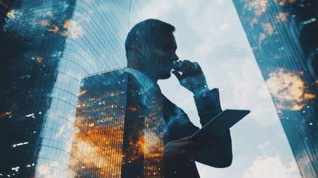 A businessman stands pensively in an urban setting, surrounded by a reflective cityscape and dramatic clouds, symbolizing innovation and ambition in a professional landscape.の素材