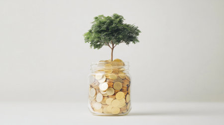 A creative concept showcasing a tree growing out of a jar filled with coins. This image symbolizes growth, wealth, and the nurturing of ideas and resources. Perfect for topics on finance, sustainability, and innovative thinking.の素材