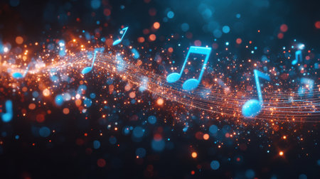 A visually striking composition featuring swirling musical notes illuminated by a bright glow, creating a vibrant and dynamic atmosphere perfect for themes of creativity and celebration.の素材