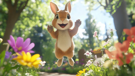 A charming animated bunny leaps joyfully in a vibrant flower garden, capturing a delightful moment of playfulness and happiness in nature's beauty.の素材