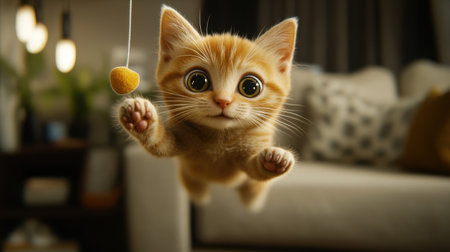 Adorable orange kitten with large expressive eyes plays joyfully with a toy hanging from a string, capturing the essence of youthful playfulness and charm.の素材